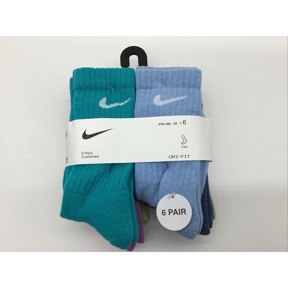 Nike 6-Pack Girl's Dri-FIT Youth Crew Socks Cushioned Multicolor 10C-3Y